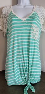 (3 for $15)Lace Sleeve Stripped knotted V-Neck